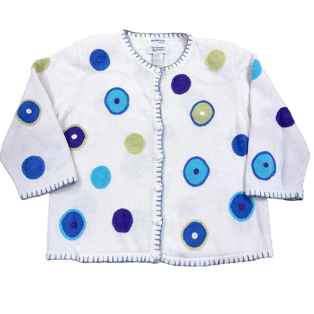 Vintage Christopher Banks Cardigan Sweater Women Medium White Blue Spotted Knit